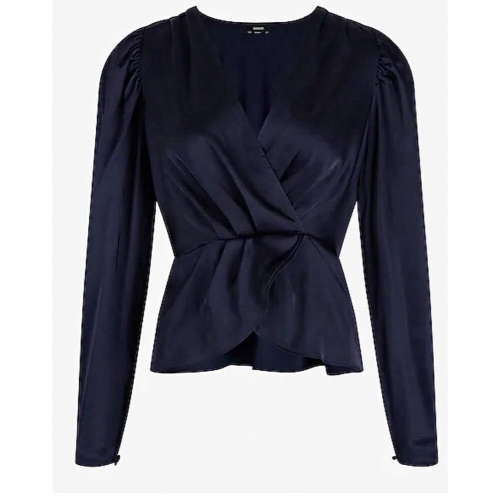 Express Womens Medium Navy Blue Satin Faux Wrap Peplum Top Puff Sleeve V-Neck M